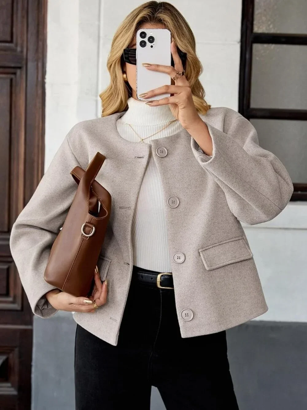 Womens Apricot Wool Blend Cropped Collarless Long Sleeve Short Fall Pea Overcoat